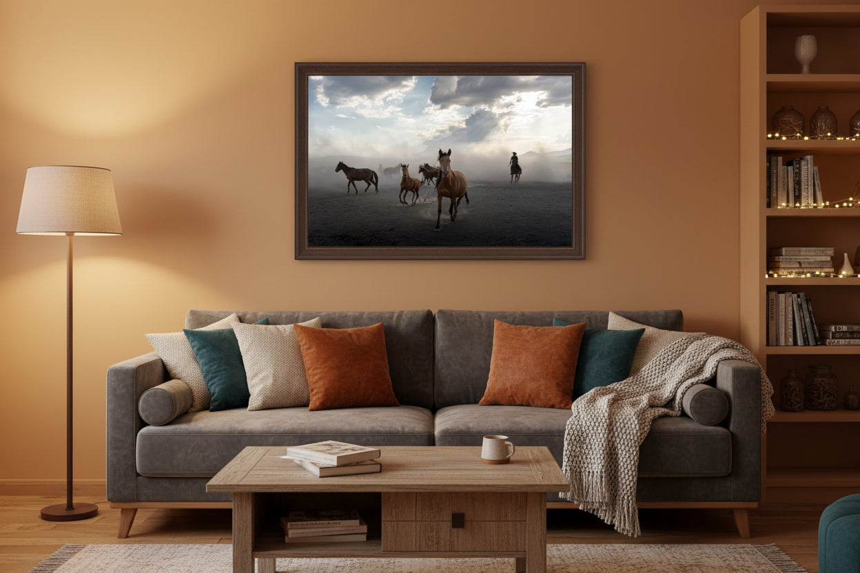 Horses running on a dusty plain with a cloudy sky